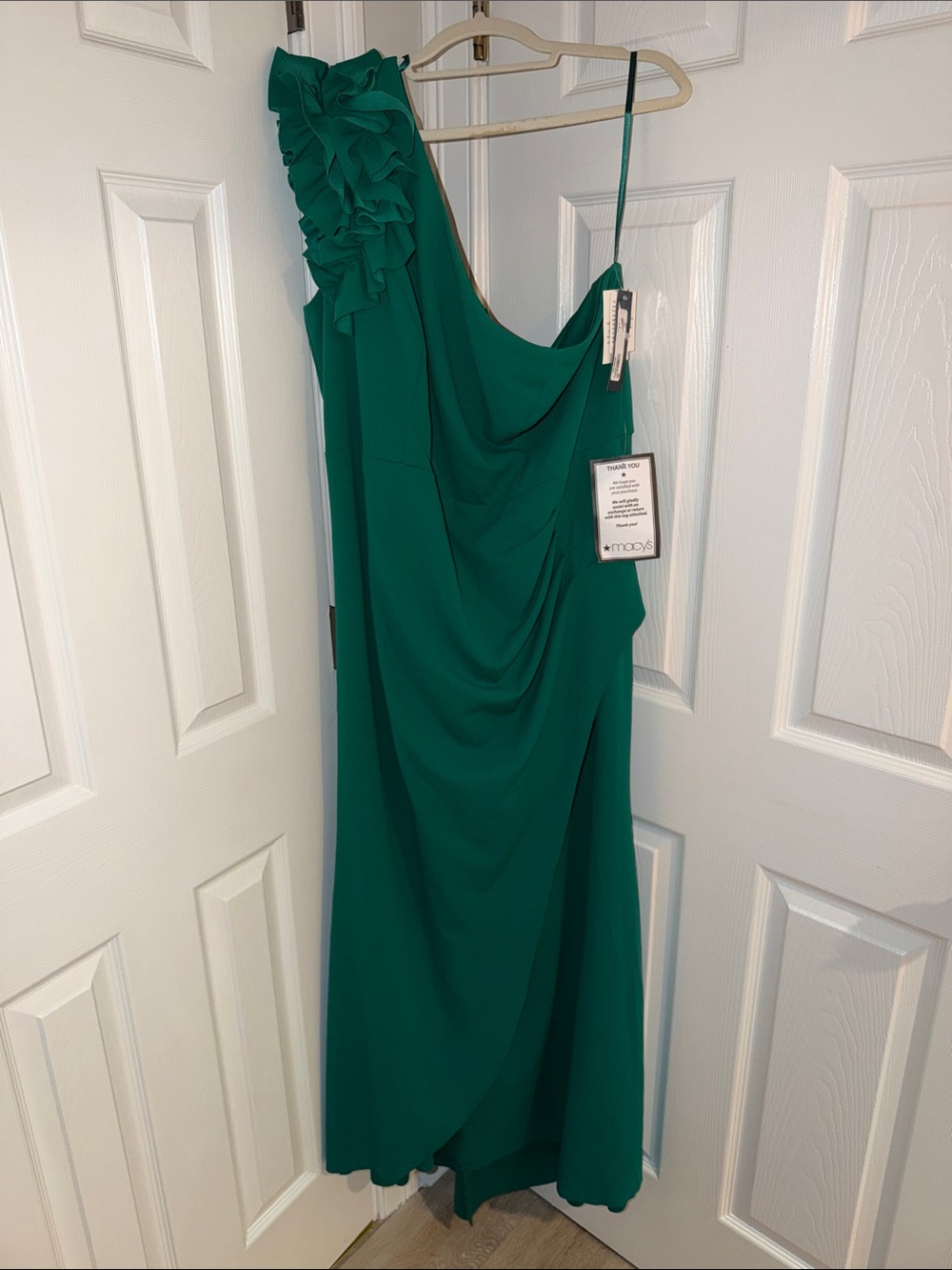 Xscape Emerald Green One-Shoulder Ruffle Gown - Picture 3 of 5